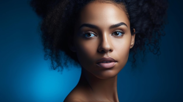 Une femme à la peau foncée et au fond bleu