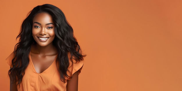 Femme à la peau foncée et aux cheveux longs sur un bg orange plat avec espace de copie pour la dentisterie de beauté cosmétique