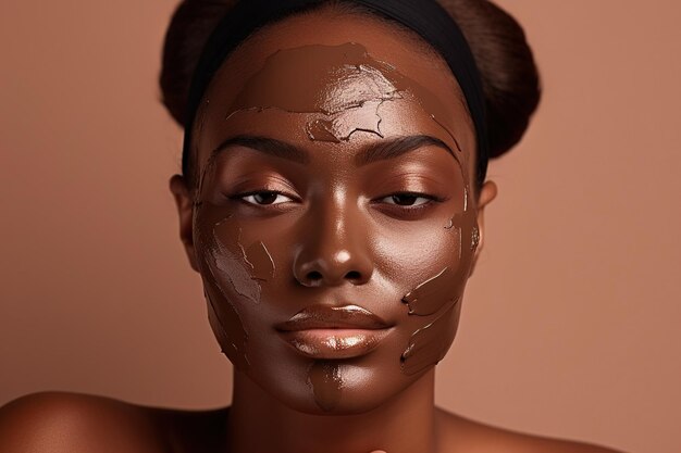 Photo une femme à la peau foncée avec la peau du visage applique un masque d'argile nourrissant pour le rajeunissement et anti-rides