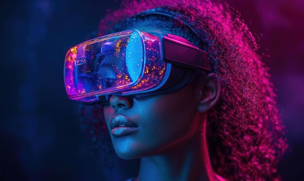 Une femme à la peau foncée portant des lunettes VR connexion Internet mondiale virtuelle et une nouvelle expérience dans le futur méta-univers méta-vers technologique innovation du futuriste