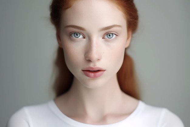 Une femme à la peau idéale regardant la caméra en blanc.