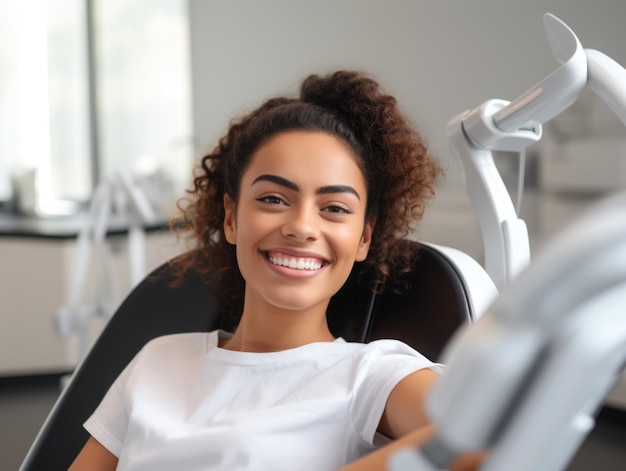 Photo une femme de peau noire avec des appareils dentaires, des cheveux roux, assise sur le fauteuil du dentiste.