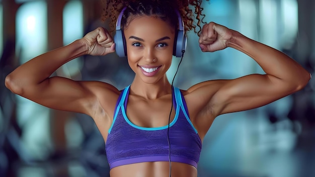 Photo une femme à la peau noire heureuse fléchissant ses muscles en tenue de gym écoutant de la musique concept fitness gym workout musique force