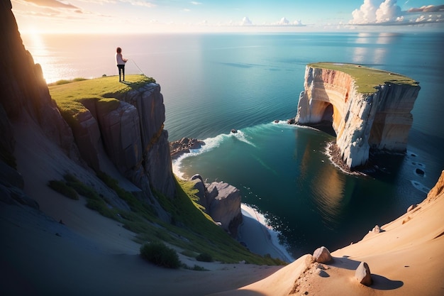 Une femme pêchant sur une falaise avec un coucher de soleil en arrière-plan