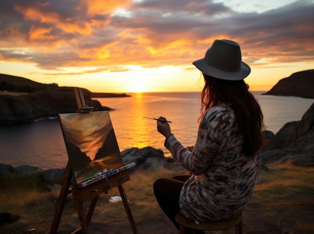 Photo femme peignant un coucher de soleil sur une chaise