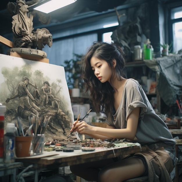 une femme peignant un tableau d'une femme devant un tableau.