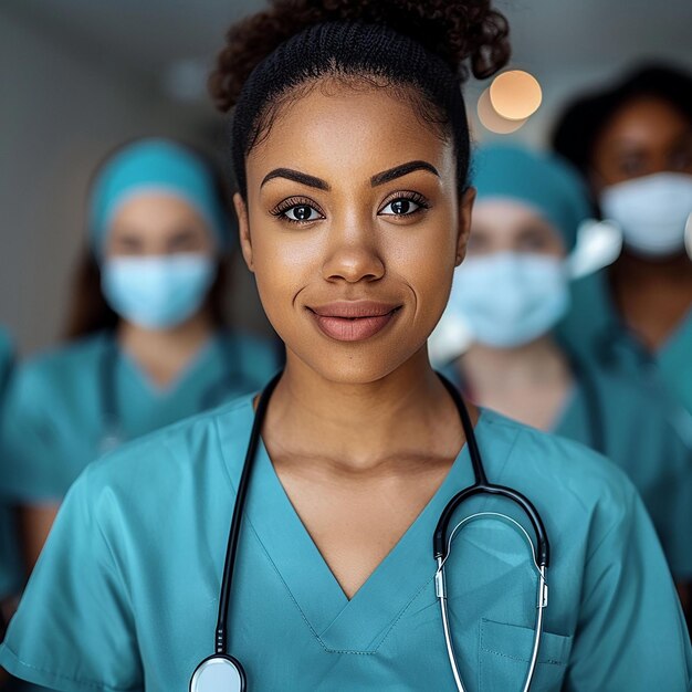 une femme en peignoir bleu avec un stéthoscope sur son cou