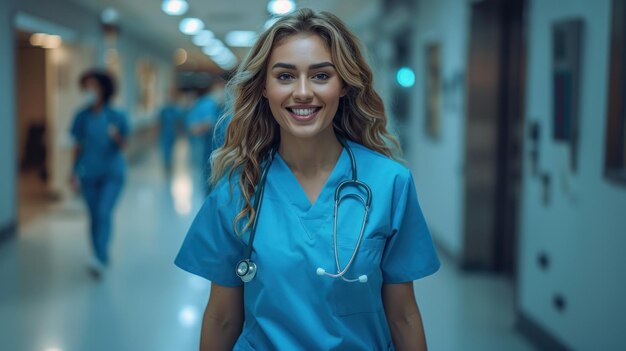 Une femme en peignoir marche dans le couloir de l'hôpital