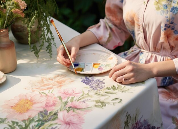 Photo une femme peint des fleurs avec un pinceau