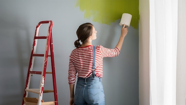 Une femme peint un mur à la maison.