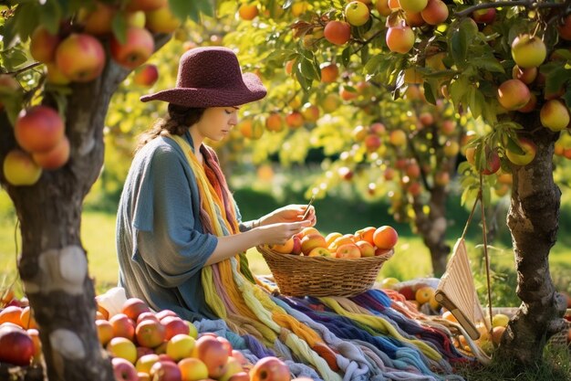 Une femme peint un paysage d'un verger de pommes à l'aquarelle