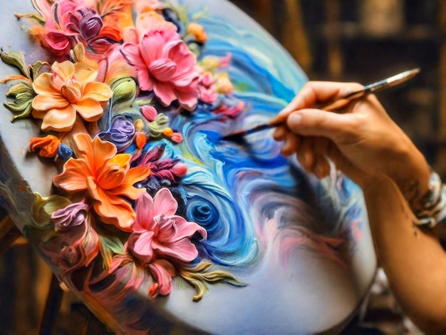 une femme peint une peinture de fleurs