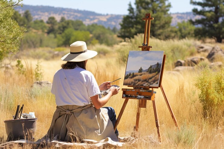 Photo une femme peint un tableau d'un paysage