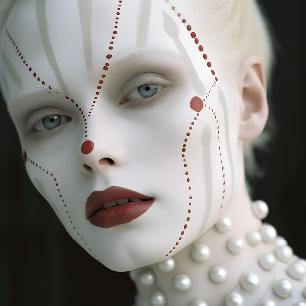 Une femme avec de la peinture blanche et des perles rouges sur son visage.