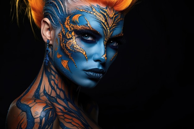 une femme avec une peinture bleue et orange sur le visage