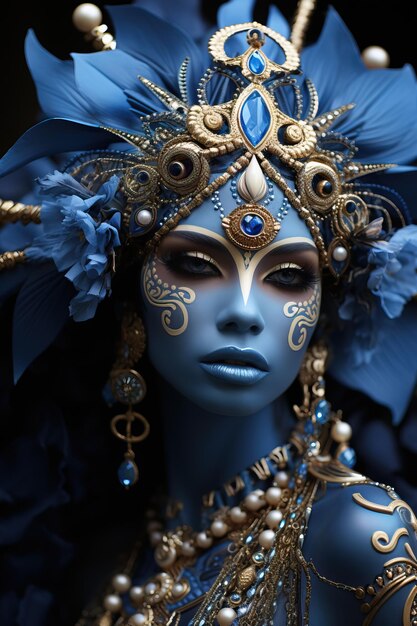 une femme avec de la peinture bleue sur le visage et des bijoux en or