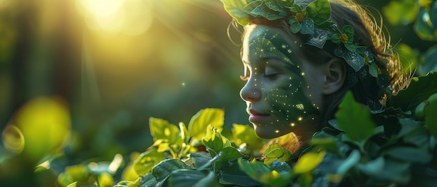 Photo une femme avec la peinture du visage et la couronne de feuillage se fond dans la forêt verte luxuriante baignée dans la chaude lumière du soleil