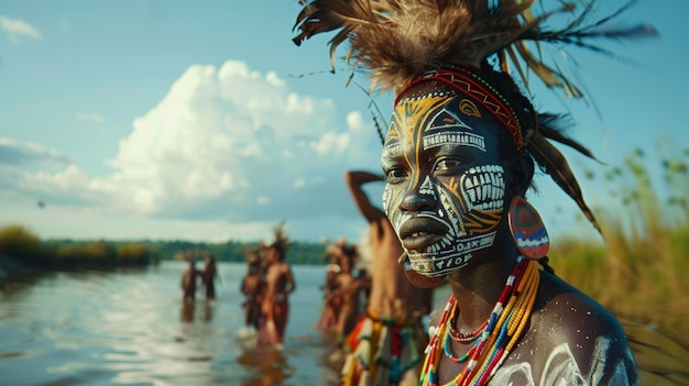 Une femme avec une peinture faciale complexe et un casque à plumes mène une procession de danseurs autour de la