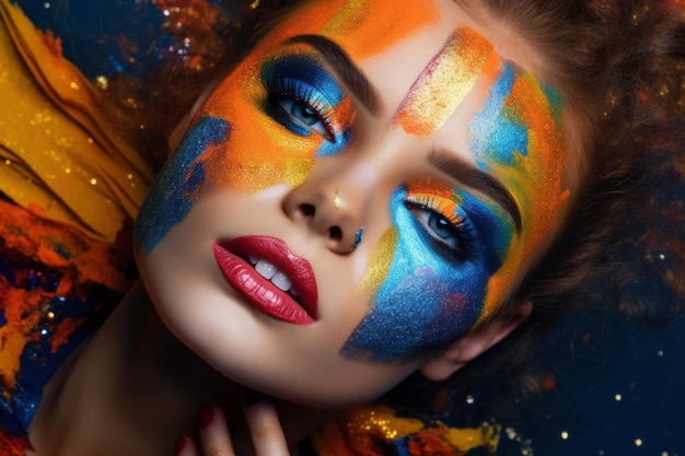 Une femme avec une peinture pour le visage et une peinture pour le visage arc-en-ciel.