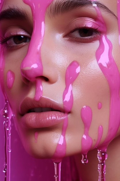 Une femme avec de la peinture rose sur son visage et le mot rose sur son visage.