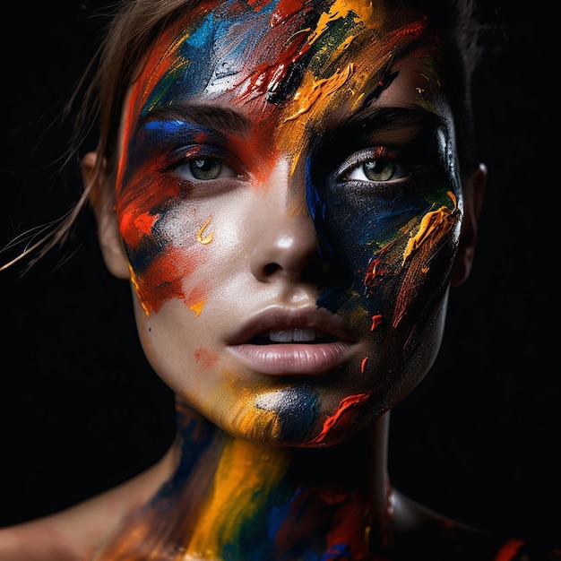 une femme avec de la peinture sur le visage et les couleurs de son visage sont colorées.