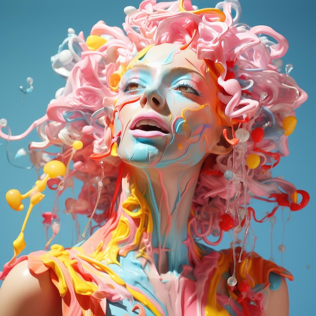 une femme avec une peinture sur le visage est recouverte de pépites colorées.