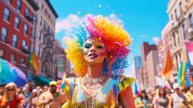 une femme avec une perruque arc-en-ciel et une perluque arc- en-ciel