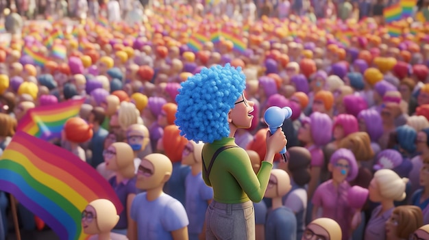 Une femme avec une perruque bleue et une perruque bleue chante dans une foule de gens.
