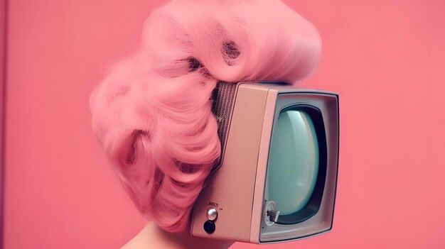 Une femme avec une perruque rose et des cheveux roses tient un téléviseur devant son visage.