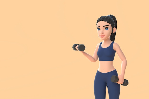 Femme de personnage de dessin animé en vêtements de sport faisant des exercices avec des haltères sur fond beige rendu 3D