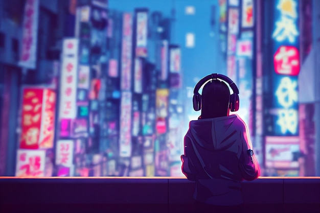 Femme Personne Dans Le Style Anime Cyberpunk De La Ville, Illustration De Rendu 3d Colorée Idéale Pour Les Enfants