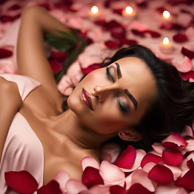 Photo une femme avec des pétales de rose.