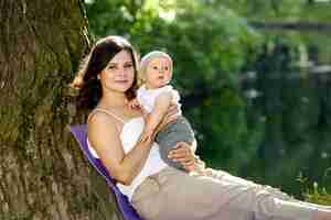 Photo une femme avec un petit enfant se repose dans un parc public près de l'étang