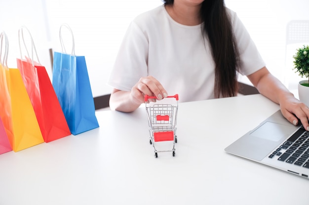Femme et petit panier avec ordinateur portable pour le concept de magasinage en ligne Internet.