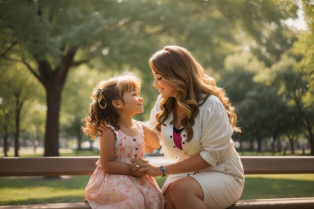 Une femme et une petite fille dans un parc.