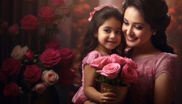 une femme et une petite fille tenant des fleurs roses