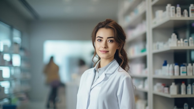 Femme pharmacien debout en pharmacie Illustration AI GenerativexA