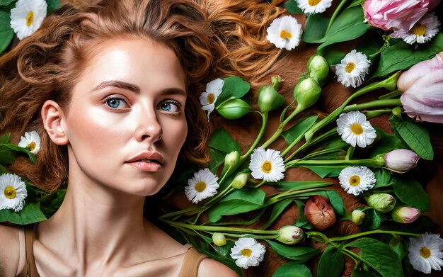 Femme en photo avec des fleurs