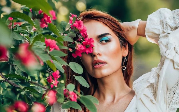 Femme en photo avec des fleurs