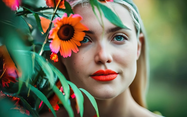 Femme en photo avec des fleurs