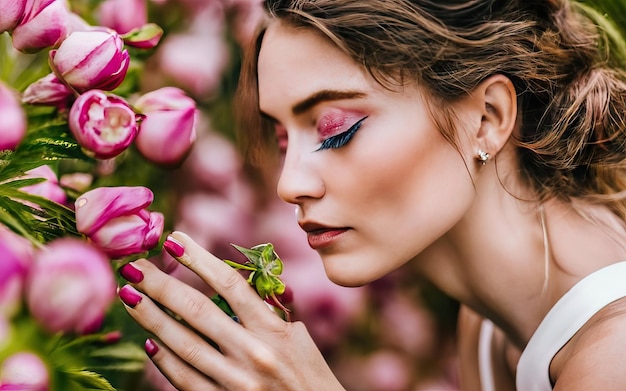 Femme en photo avec des fleurs