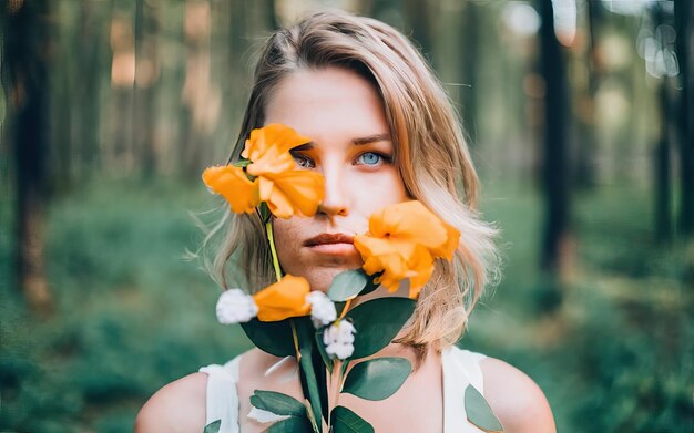Femme en photo avec des fleurs
