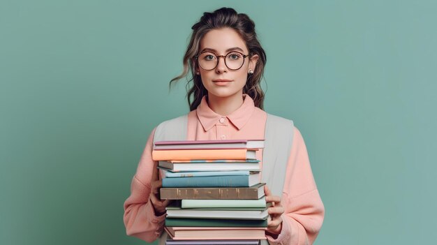 Une femme avec une pile de livres