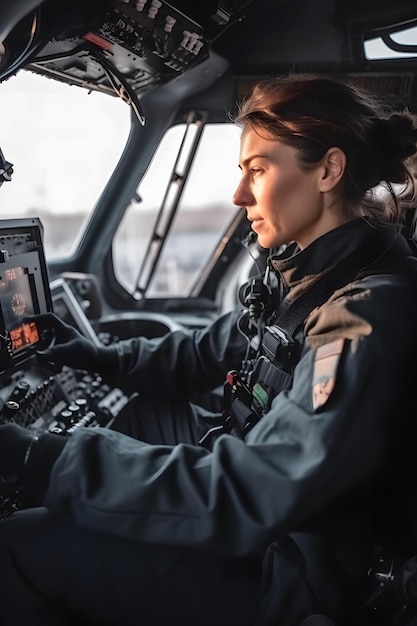 Femme pilote dans le cockpit d'un hélicoptère généré ai