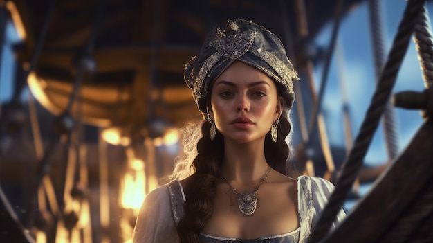 Femme pirate sur un bateau en mer