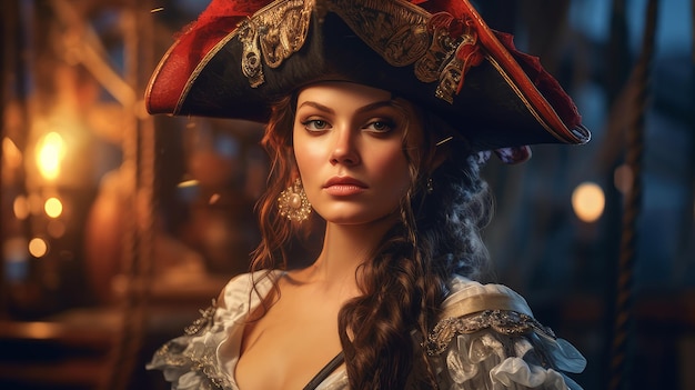 Femme pirate sur un bateau en mer