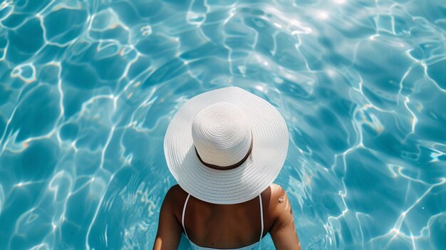 Photo une femme à la piscine se détend en profitant d'une affiche de vacances.