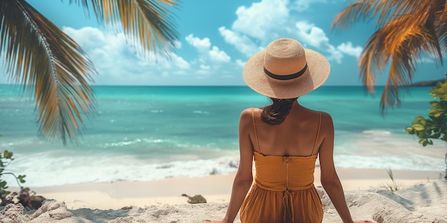 Une femme sur la plage avec un chapeau de paille.