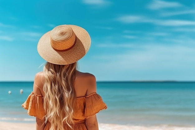 femme à la plage avec chapeau