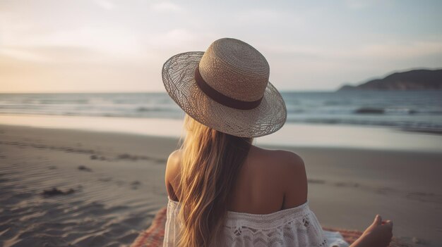 femme à la plage avec chapeau